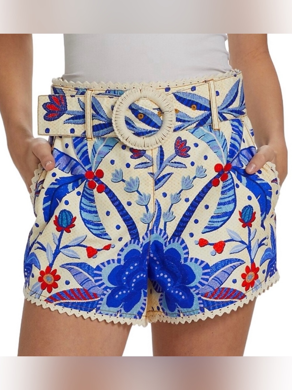 NWT Farm Rio Jungle Chic Belted Shorts Blue Off White Floral Palm Trees Print L